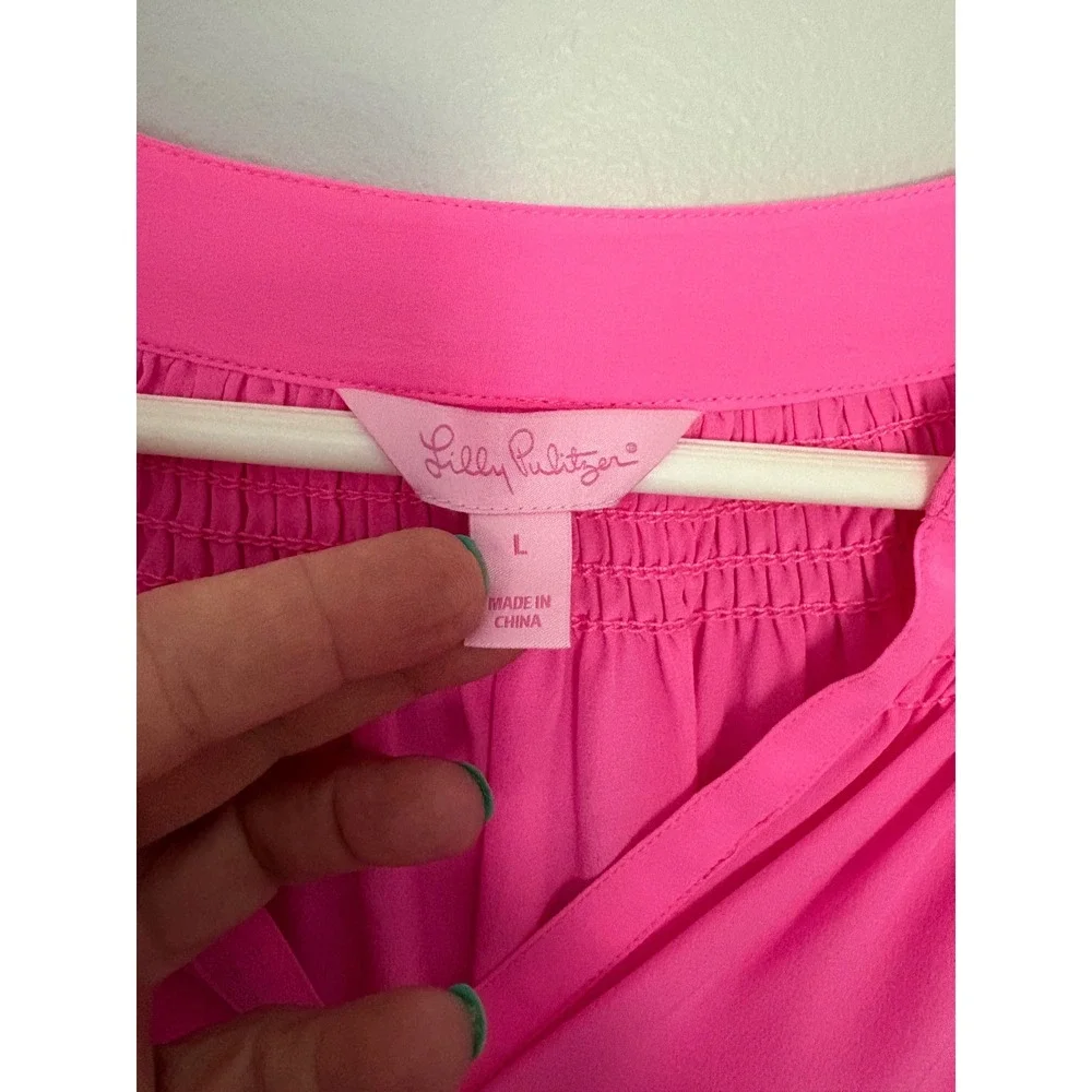 Lilly Pulitzer Elsa Top Neon Pink Silk Smocked V-Neck Blouse Tunic Womens Large - Picture 3 of 7
